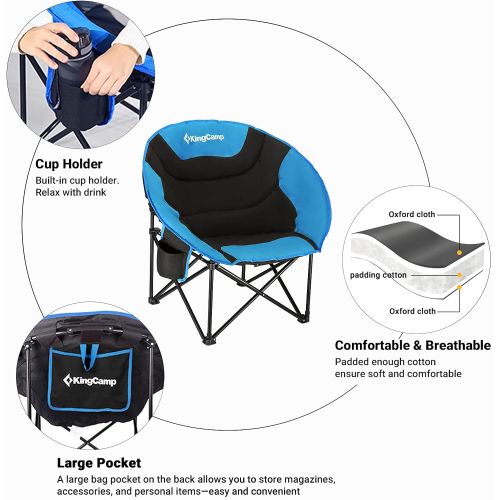  KingCamp Camping Chair Oversized Padded Moon Round Saucer Chairs Camping Folding Chair with Cup Holder,Storage Bag,Carry Bag for Camping, Hiking Fishing Sports Balck&Royablue Campi