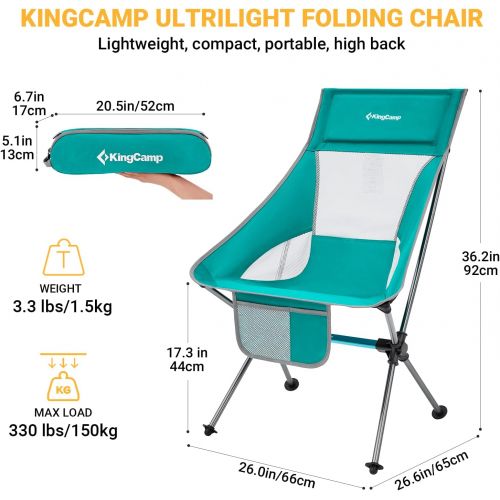  KingCamp Lightweight High Back Camping Chair Compact Folding Chair Ultralight Backpacking Chairs with Headrest & Side Pocket & Carry Bag, Heavy Duty 330lbs for Camping, Traveling,