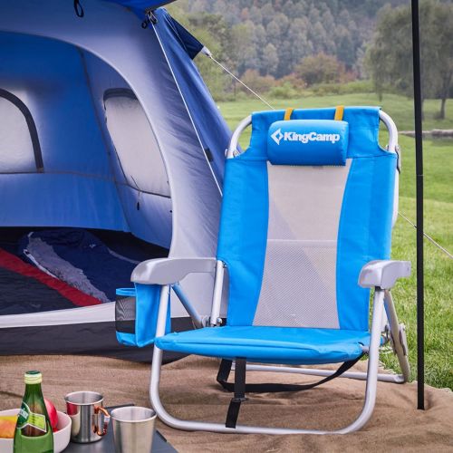  KingCamp Low Beach Chair 3 Adjustable Position Outdoor Ultralight Backpacking Folding Recliner Sling Beach Camping Chair with Cup Holder & Storage Bag(Navy Blue)