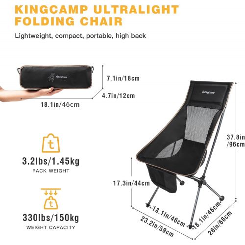  KingCamp Lightweight High Back Camping Chair Compact Folding Chair Ultralight Backpacking Chairs with Headrest & Side Pocket & Carry Bag, Heavy Duty 330lbs for Camping, Traveling,