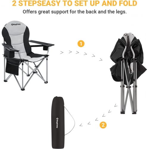  KingCamp Outdoor Camping Chair with Lumbar Support Fully Padded Folding Lawn Chair Heavy Duty Oversized Outdoor Chair with Cooler Bag Cup Holder Portable Camping Chair Quad Arm Cha