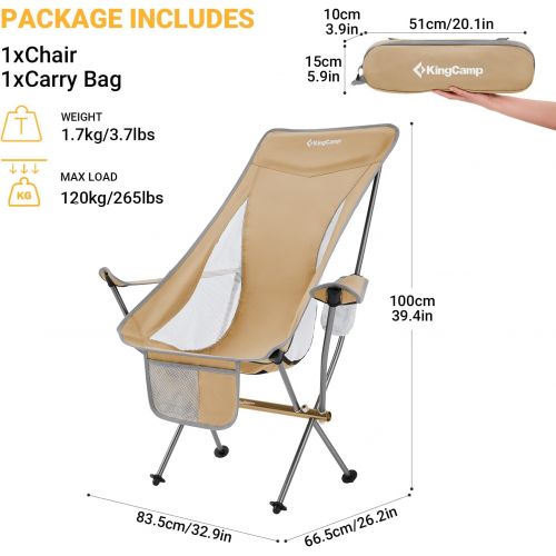  KingCamp Lightweight High Back Camping Chairs Compact Folding Chair Ultralight Backpacking Chair with Armrest & Side Pocket & Carry Bag, Heavy Duty Supports 265 lbs, Weighs Only 3.