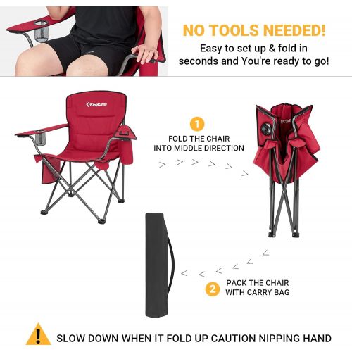  KingCamp Oversized Heavy Duty Outdoor Camping Folding Chair, Ultralight Collapsible Padded Arm Chair with Cooler, Cup Holder, Side Pocket, Supports 300 lbs,Red