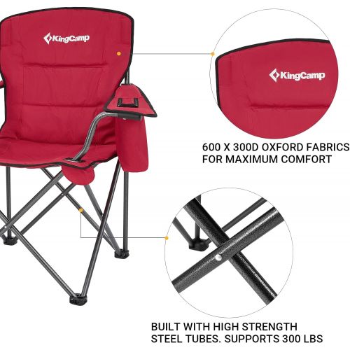  KingCamp Oversized Heavy Duty Outdoor Camping Folding Chair, Ultralight Collapsible Padded Arm Chair with Cooler, Cup Holder, Side Pocket, Supports 300 lbs,Red