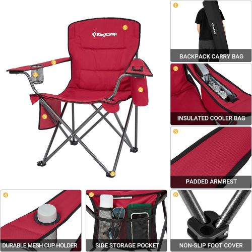  KingCamp Oversized Heavy Duty Outdoor Camping Folding Chair, Ultralight Collapsible Padded Arm Chair with Cooler, Cup Holder, Side Pocket, Supports 300 lbs,Red