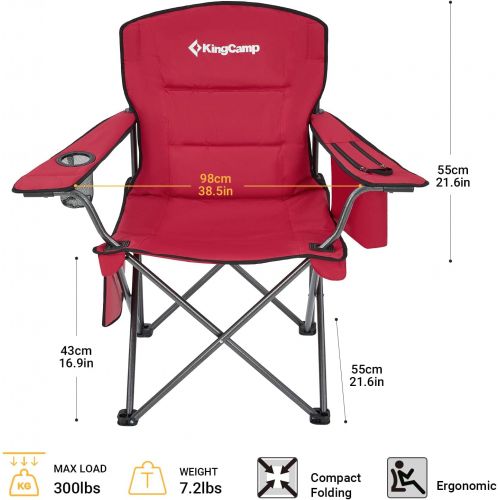  KingCamp Oversized Heavy Duty Outdoor Camping Folding Chair, Ultralight Collapsible Padded Arm Chair with Cooler, Cup Holder, Side Pocket, Supports 300 lbs,Red