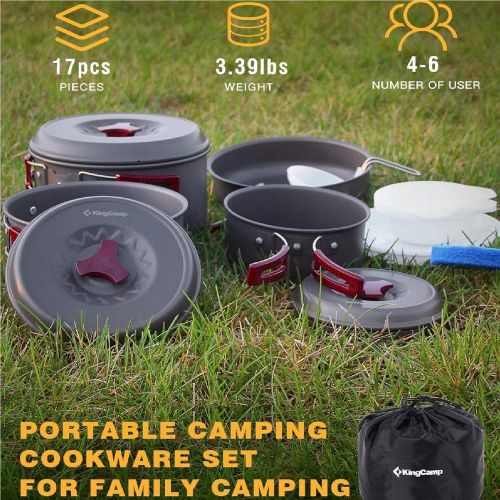  KingCamp 17/15 PCS Hard-Anodized Aluminum Camping cookware Set Camping Pots and Pans Set Lightweight Compact Camp Cooking Set Mess kit for Camping Backpacking Hiking Trekking Picni