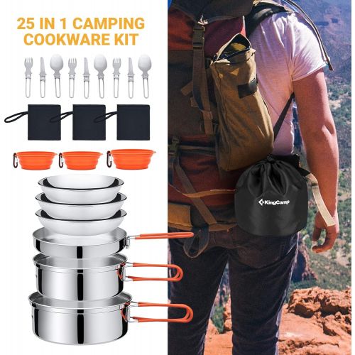  KingCamp 17/25pcs Stainless Steel Camping Cookware Mess Kit Camping Cooking Set Backpacking Gear Lightweight Pots and Pans Set with Folding Knife Fork for Camping Hiking Picnic