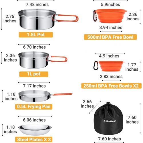  KingCamp 17/25pcs Stainless Steel Camping Cookware Mess Kit Camping Cooking Set Backpacking Gear Lightweight Pots and Pans Set with Folding Knife Fork for Camping Hiking Picnic