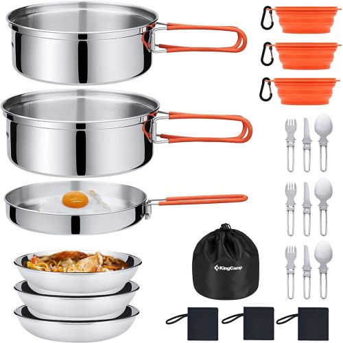  KingCamp 17/25pcs Stainless Steel Camping Cookware Mess Kit Camping Cooking Set Backpacking Gear Lightweight Pots and Pans Set with Folding Knife Fork for Camping Hiking Picnic