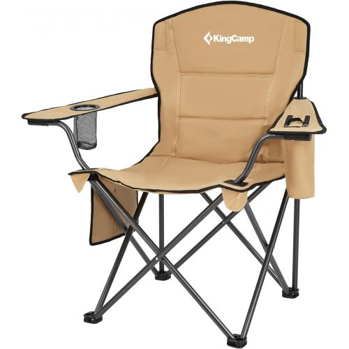 KingCamp Oversized Heavy Duty Outdoor Camping Folding Chair, Ultralight Collapsible Padded Arm Chair with Cooler, Cup Holder, Side Pocket, Supports 300 lbs,Khaki