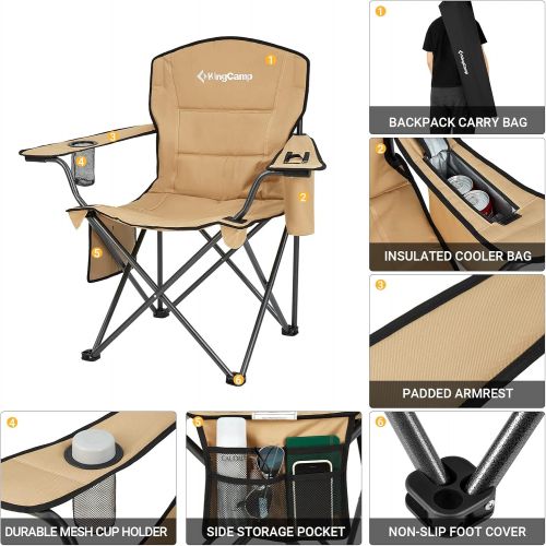  KingCamp Oversized Heavy Duty Outdoor Camping Folding Chair, Ultralight Collapsible Padded Arm Chair with Cooler, Cup Holder, Side Pocket, Supports 300 lbs,Khaki