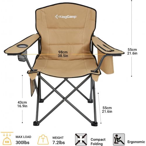  KingCamp Oversized Heavy Duty Outdoor Camping Folding Chair, Ultralight Collapsible Padded Arm Chair with Cooler, Cup Holder, Side Pocket, Supports 300 lbs,Khaki