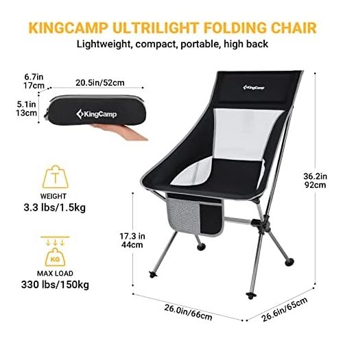 KingCamp Lightweight High Back Camping Chair Compact Folding Chair Ultralight Backpacking Chairs with Headrest & Side Pocket & Carry Bag, Heavy Duty 330lbs for Camping, Traveling,