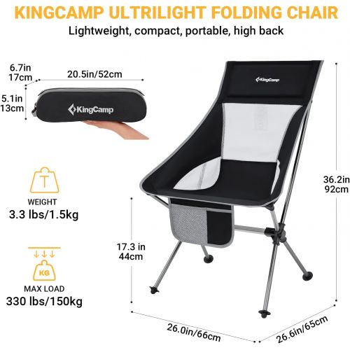  KingCamp Lightweight High Back Camping Chair Compact Folding Chair Ultralight Backpacking Chairs with Headrest & Side Pocket & Carry Bag, Heavy Duty 330lbs for Camping, Traveling,