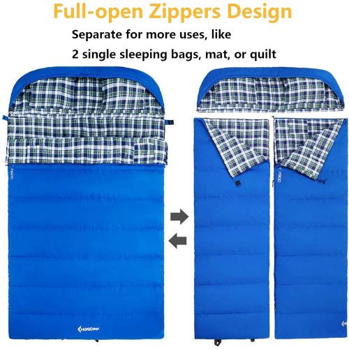  KingCamp Cotton Flannel 3 Season Envelope Sleeping Bag for Adult and Youth with Pillow, Double and Single Size, for Camping and Outdoor