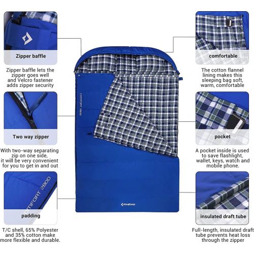  KingCamp Cotton Flannel 3 Season Envelope Sleeping Bag for Adult and Youth with Pillow, Double and Single Size, for Camping and Outdoor