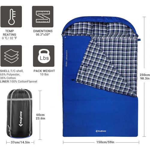  KingCamp Cotton Flannel 3 Season Envelope Sleeping Bag for Adult and Youth with Pillow, Double and Single Size, for Camping and Outdoor