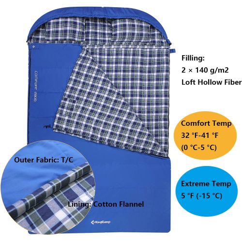  KingCamp Cotton Flannel 3 Season Envelope Sleeping Bag for Adult and Youth with Pillow, Double and Single Size, for Camping and Outdoor