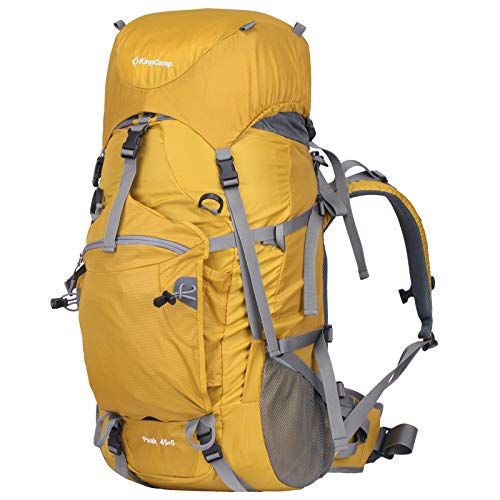  KingCamp 50L Internal Frame Hiking Backpack with Rain Cover for Men Women,45L+5L Waterproof Anti-Tear Climbing Backpacks with Adjustable Strap Belt for Camping Backpacking, Yellow,