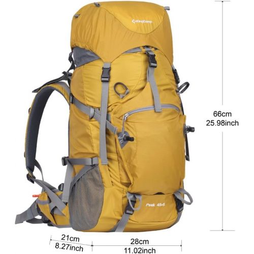  KingCamp 50L Internal Frame Hiking Backpack with Rain Cover for Men Women,45L+5L Waterproof Anti-Tear Climbing Backpacks with Adjustable Strap Belt for Camping Backpacking, Yellow,