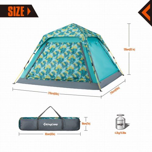  KingCamp 3-4 Person Automatic Pop-Up Double Layer Camping Tent Easy Set up Double Layer Waterproof Backpacking Square Top Tent, for Outdoor Camping Beach Hiking