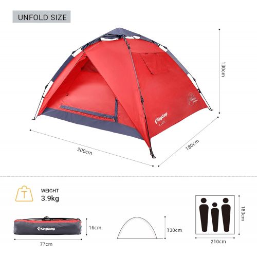  KingCamp 3-Persons 2-Seasons Quick-Up 2-IN-1Durable Roomy Outdoor Camping Tent with Two Door Awnings KT3091, 83 × 83 × 51 inches, 3.5 kg / 7.7 lbs