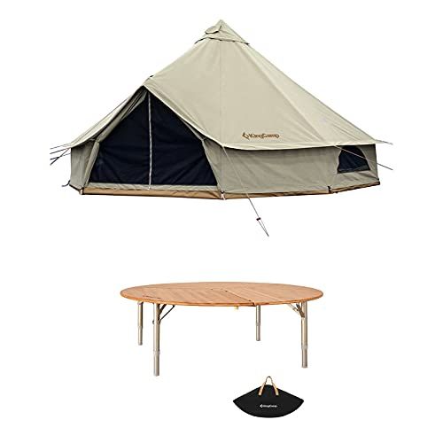  KingCamp Khan Canvas Tent for Camping Glamping Tent with Stove Jack 4-Season and KingCamp Bamboo Round Folding Table for Teepee Bell Tent Portable with Carry Bag 3 Fold Heavy Duty