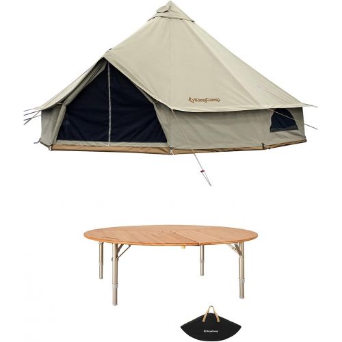  KingCamp Khan Canvas Tent for Camping Glamping Tent with Stove Jack 4-Season and KingCamp Bamboo Round Folding Table for Teepee Bell Tent Portable with Carry Bag 3 Fold Heavy Duty