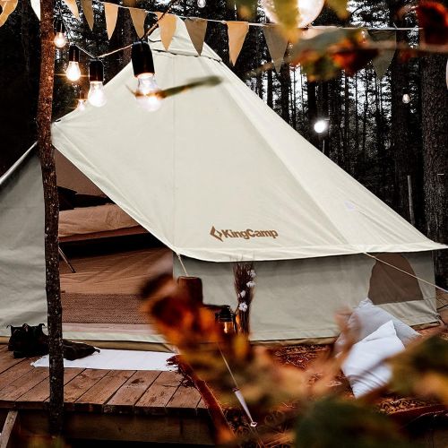  KingCamp Khan Canvas Tent for Camping Glamping Tent with Stove Jack 4-Season and KingCamp Bamboo Round Folding Table for Teepee Bell Tent Portable with Carry Bag 3 Fold Heavy Duty