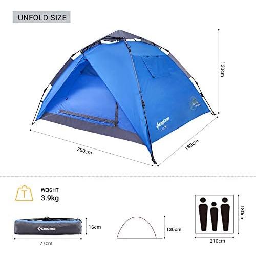  KingCamp 3-Persons 2-Seasons Quick-Up 2-IN-1Durable Roomy Outdoor Camping Tent with Two Door Awnings Blue Green