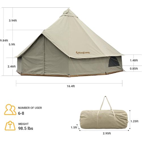  KingCamp Khan Glamping Tent Heavy Duty Waterproof 4 Season Luxury Outdoor Canvas Bell Tent w/Stove Jack for 6/8 Person Family Camping All Seasons Breathable Cotton Canvas Yurt Tent