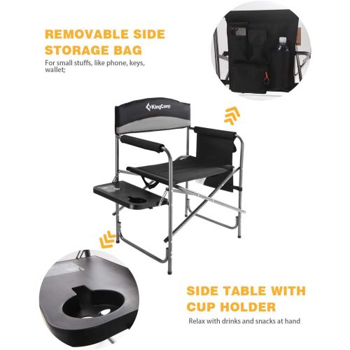  [아마존베스트]KingCamp Heavy Duty Camping Folding Director Chair Oversize Padded Seat with Side Table and Side Pockets, Supports 396 lbs