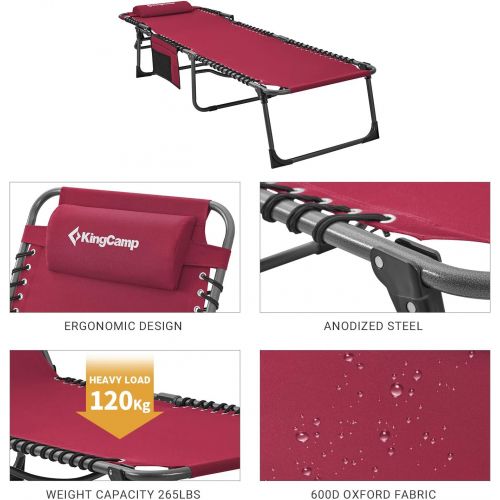  [아마존베스트]KingCamp Portable Folding Camping Cot Adjustable 4-Position Patio Reclining Lounger Chair with Pillow Pocket for Garden Yard Lawn Sunbathing Beach Pool Supports 265lbs