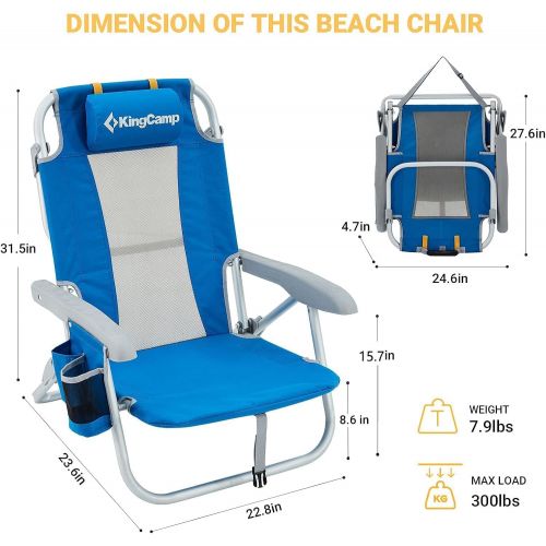  KingCamp Low Sling Beach Chairs,Folding Low/High Mesh Reclining Back Low Seat Beach Chair for Adults with Headrest,Cup Holder,Carry Bag Padded Armrest for Sand Camping Lawn Concert
