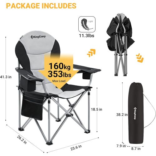  KingCamp Oversized Heavy Duty Padded Outdoor Camping Folding Chair with Lumbar Back Support, Cooler, Armrest, Cup Holder, Side Pocket, Supports 353 lbs