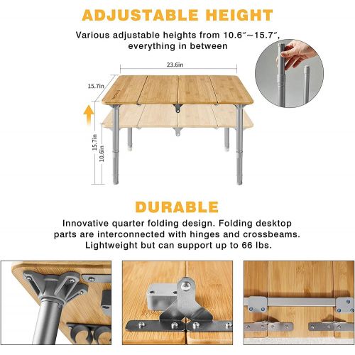  KingCamp Bamboo Folding Table Camping Table with Adjustable Height 4-Folds Compact Small Lightweight Portable Picnic Camp Table for Outdoor Backpacking Beach RV Travel Tailgating B