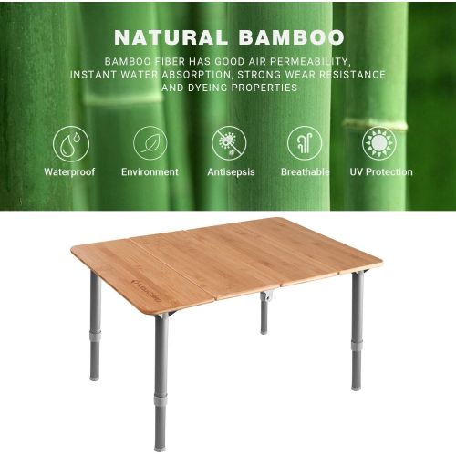  KingCamp Bamboo Folding Table Camping Table with Adjustable Height 4-Folds Compact Small Lightweight Portable Picnic Camp Table for Outdoor Backpacking Beach RV Travel Tailgating B