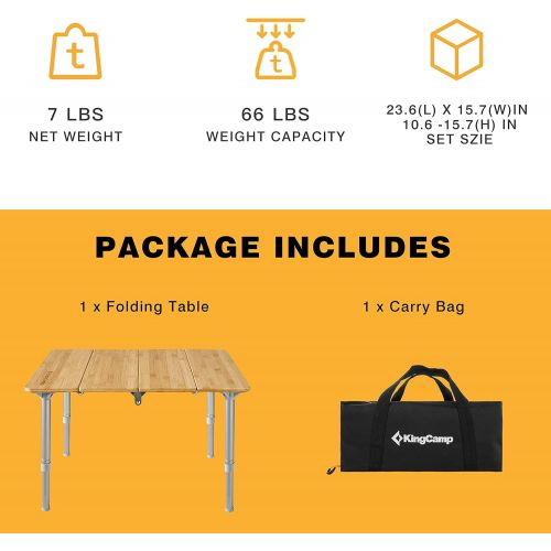  KingCamp Bamboo Folding Table Camping Table with Adjustable Height 4-Folds Compact Small Lightweight Portable Picnic Camp Table for Outdoor Backpacking Beach RV Travel Tailgating B
