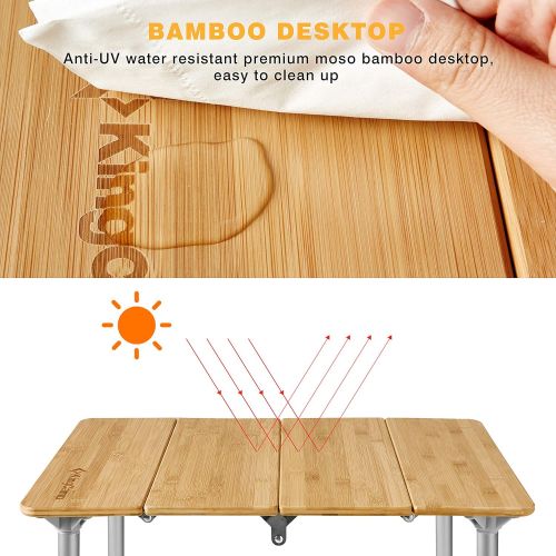  KingCamp Bamboo Folding Table Camping Table with Adjustable Height 4-Folds Compact Small Lightweight Portable Picnic Camp Table for Outdoor Backpacking Beach RV Travel Tailgating B