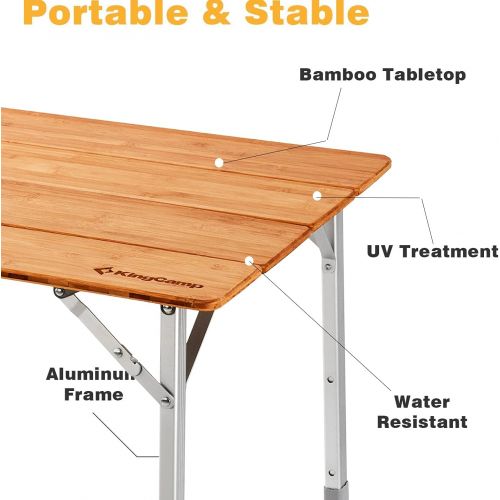  KingCamp Bamboo Folding Table Camping Table 4-Folds Lightweight with Adjustable Height Aluminum Legs Heavy Duty Portable Camp Tables in Carry Bag for Indoor Outdoor Hiking Picnic B