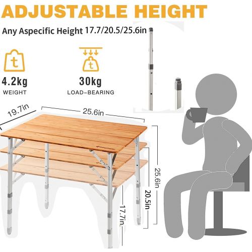  KingCamp Bamboo Folding Table Camping Table 4-Folds Lightweight with Adjustable Height Aluminum Legs Heavy Duty Portable Camp Tables in Carry Bag for Indoor Outdoor Hiking Picnic B