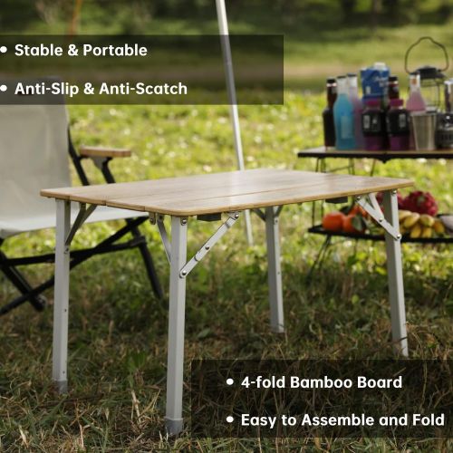  KingCamp Bamboo Folding Table Camping Table 4-Folds Lightweight with Adjustable Height Aluminum Legs Heavy Duty Portable Camp Tables in Carry Bag for Indoor Outdoor Hiking Picnic B