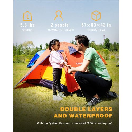  KingCamp Double-Stitched Quick Up 2 Person Portable Water Resistant 5000mm Backpacking Tent, Aluminum Pole, Only Weight 6 lbs
