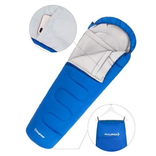  KingCamp XL Mummy Sleeping Bag with Compression Sack, -13℃/8.6℉ Double Layer Warm Lightweight for Camping, Backpacking, Hiking and Travel (Blue-Left)