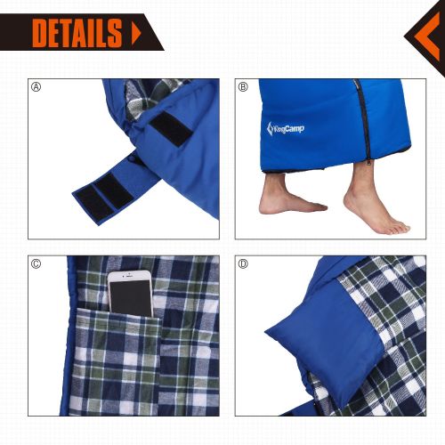  KingCamp Single/Double Sleeping Bag for Adults, 5℉ Ultra Warm Cotton Flannel XL Sleeping Bag, Three Season Waterproof and Moisture Resistance for Car Camping, Pillows and Compressi