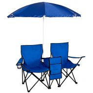 KingCamp Blossom Store Blue Durable Picnic Double Folding Chair w Umbrella Comfortable Table Cooler Fold Up Beach Camping Chair