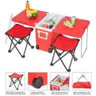 KingCamp Rolling Cooler Warmer with Foldable Table and Stools, Multi Function Portable Wheeled Beverage Car Cooler for Patio Outdoor Beach Camping Fishing BBQ (US Stock) (Red)