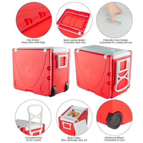  KingCamp Rolling Cooler Warmer with Foldable Table and Stools, Multi Function Portable Wheeled Beverage Car Cooler for Patio Outdoor Beach Camping Fishing BBQ (US Stock) (Red)