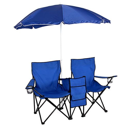  KingCamp Top_Quality555 Blue Double Beach Chair with Umbrella Attached Foldable Picnic Camping Table Cooler Fishing Fold Up